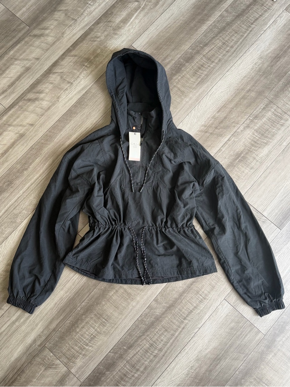NWT Calia Women’s Hooded Windbreaker Jacket Black Cinch Waist Sz M 1/4 Zip